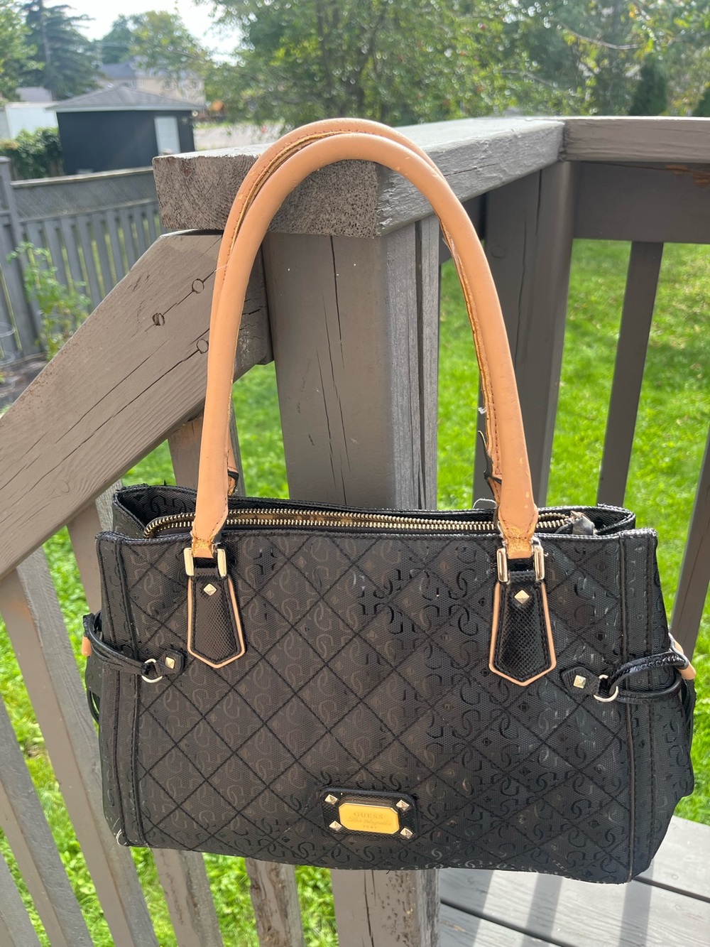 GUESS Black Quilted Satchel with Tan Handles and Gold Hardware